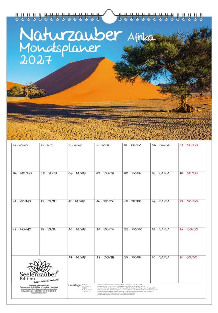 Naturzauber Afrika Planer DIN A3 Kalender für 2027 Landschaft Reise Tiere - Set-Inhalt: 1x Kalender 1x Weihnachtsanhänger 1x Grußanhänger (gesa...