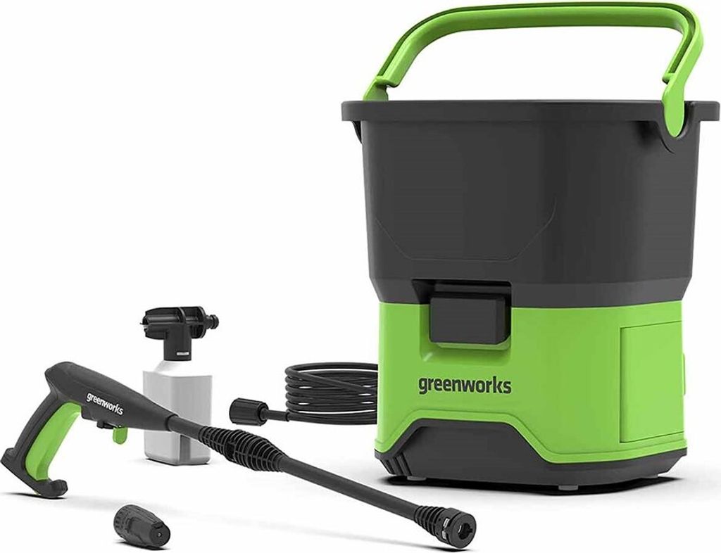 A Greenworks 24V high-pressure washer and its accessories are displayed against a white background.