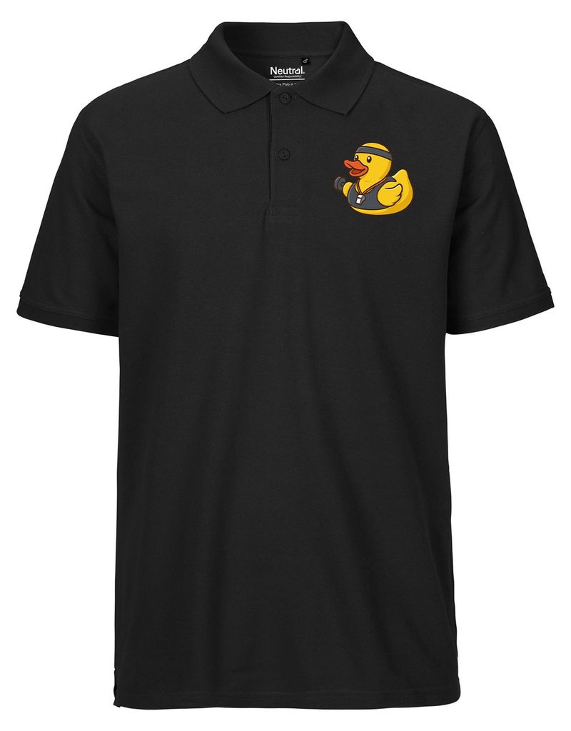 Huuraa Herren Polo Shirt Quietscheente Fitness-Trainer Gummiente Coach L Black Bio Baumwolle Fairtrade Poloshirt Geschenkidee
