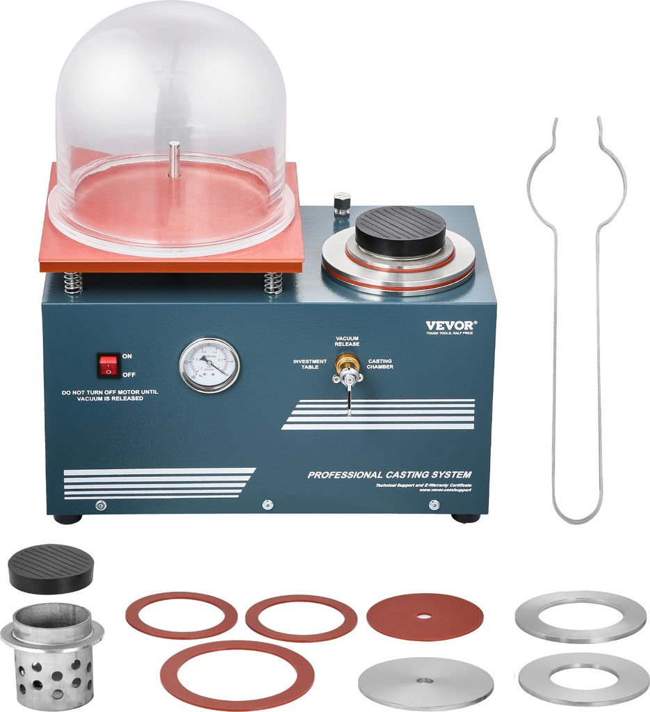 A professional shot of a vacuum casting machine and its accessories on a white background.