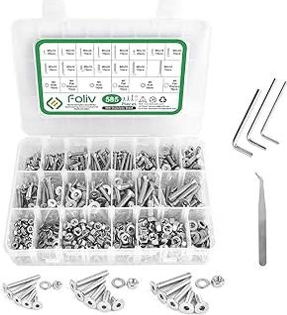 Foliv 585pcs M4 M5 M6 Hex flach-Knopf Schraube Set,304 Edelstahl Schrauben Muttern und Unterlegscheiben Sortiment Kit der mit Aufbewahrung Fall Box