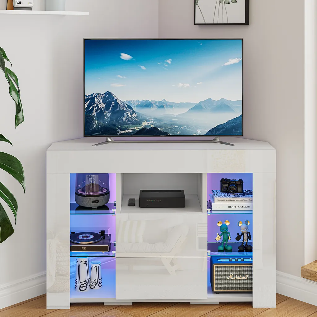 Table TV d'angle LED blanc brillant avec rangements pour décodeur