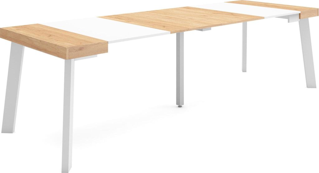 Ausziehbarertisch, 262x90x73cm, Für 12 Gäste, Hölzerne Beine, Eiche und weiß