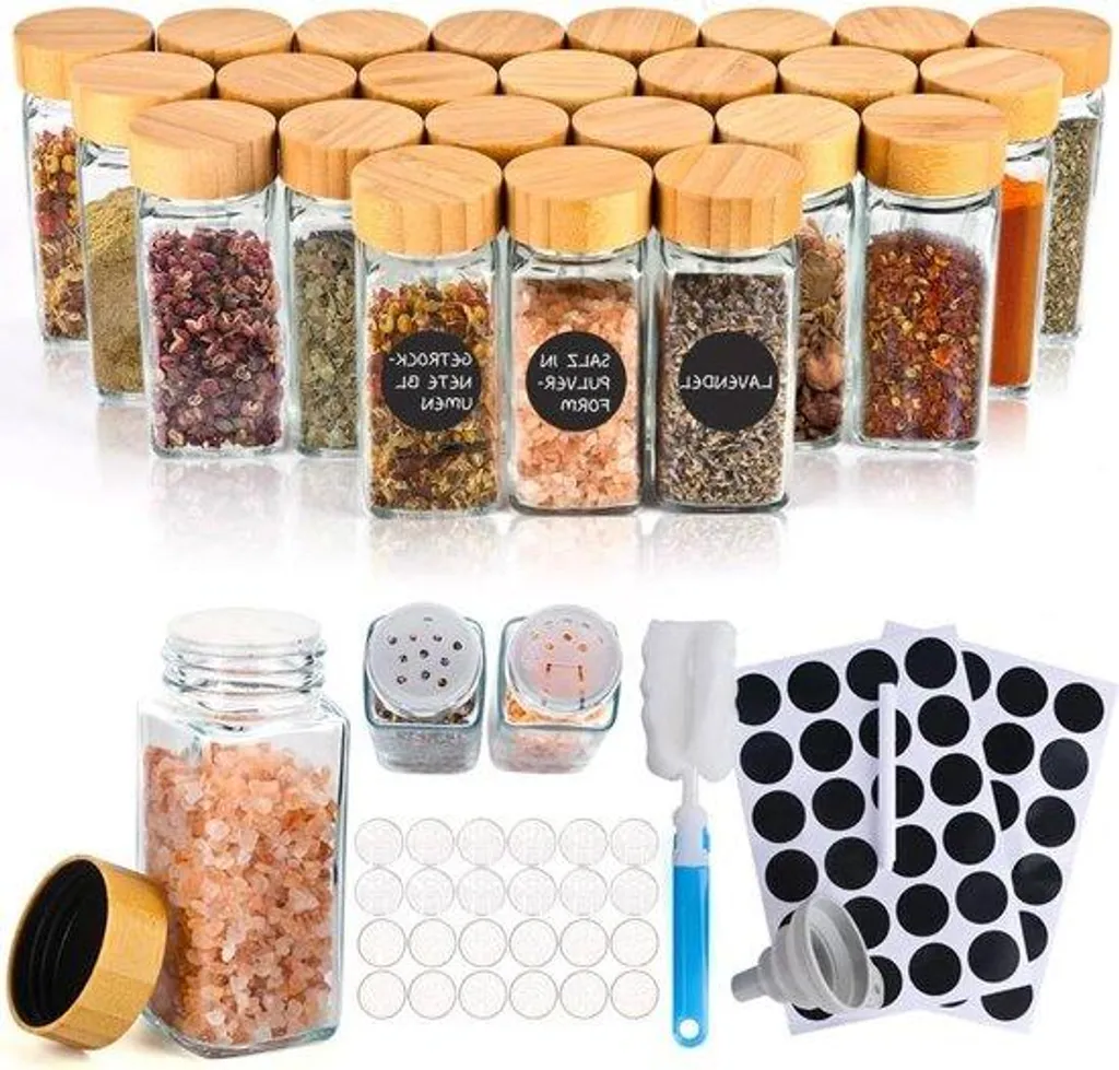 Kit de 24 pots à épices carrés 120ml avec couvercles en bambou naturel