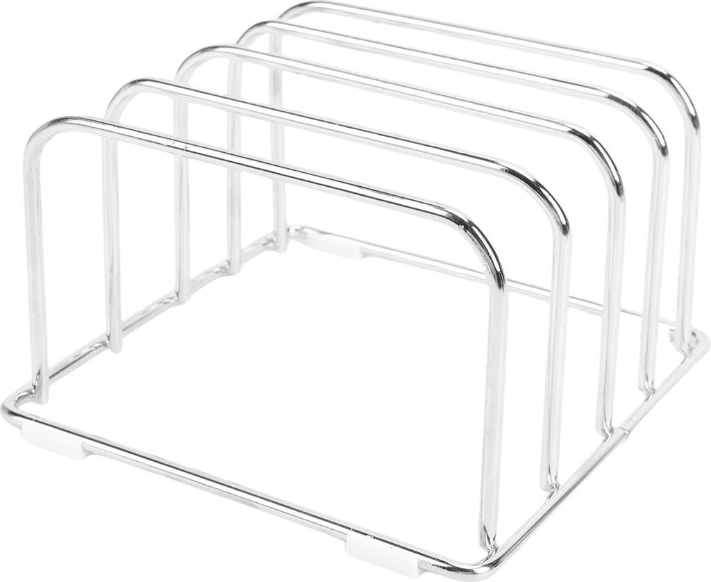 A product shot of a silver metal cutting board organizer with four slots, shown from a diagonal angle on a white background.