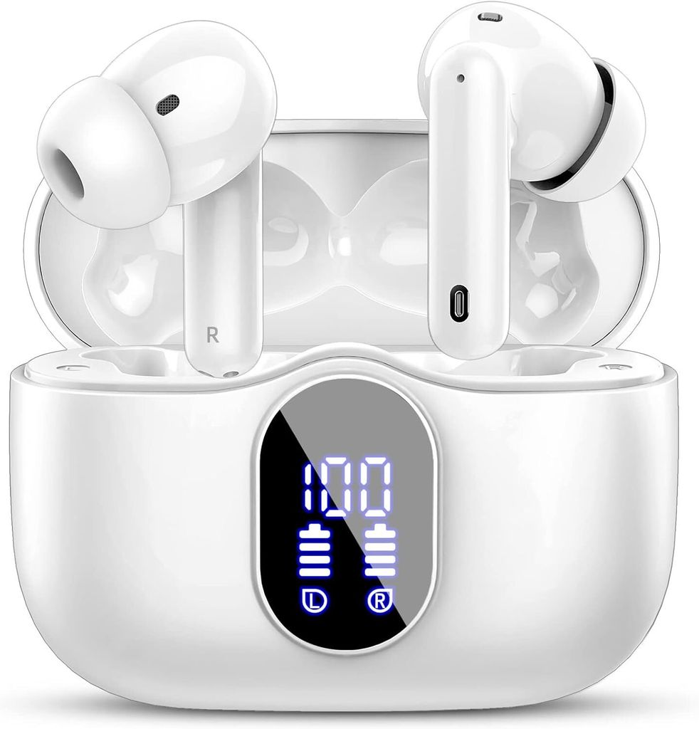 A pair of white wireless earbuds and their charging case are displayed on a white background. The charging case has a digital display showing battery status.