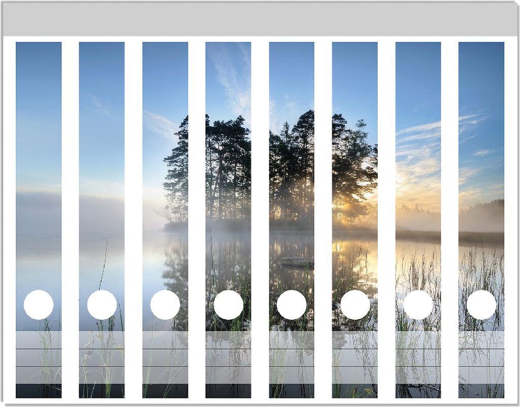 Wallario Ordnerrücken Sticker, selbstklebend für schmale Ordner, 8 Stück, Motiv Stiller See mit Insel im Morgennebel