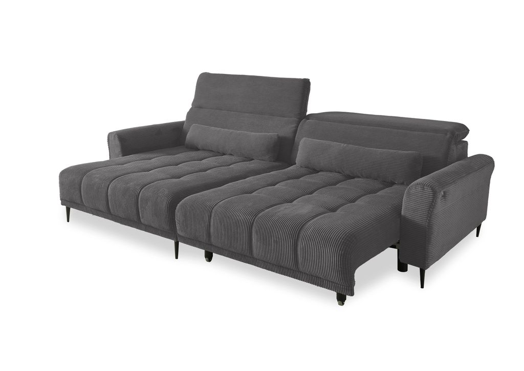 Wohnlandschaft >Wolve< elektr. Sitzverstellung, Kissen, Cord dunkelgrau - 277x108x179cm BxHxT