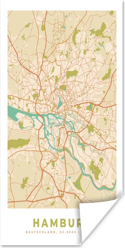 MuchoWow Poster Stadtplan - Hamburg - Karte - Vintage 60x120 cm - Wandschmuck