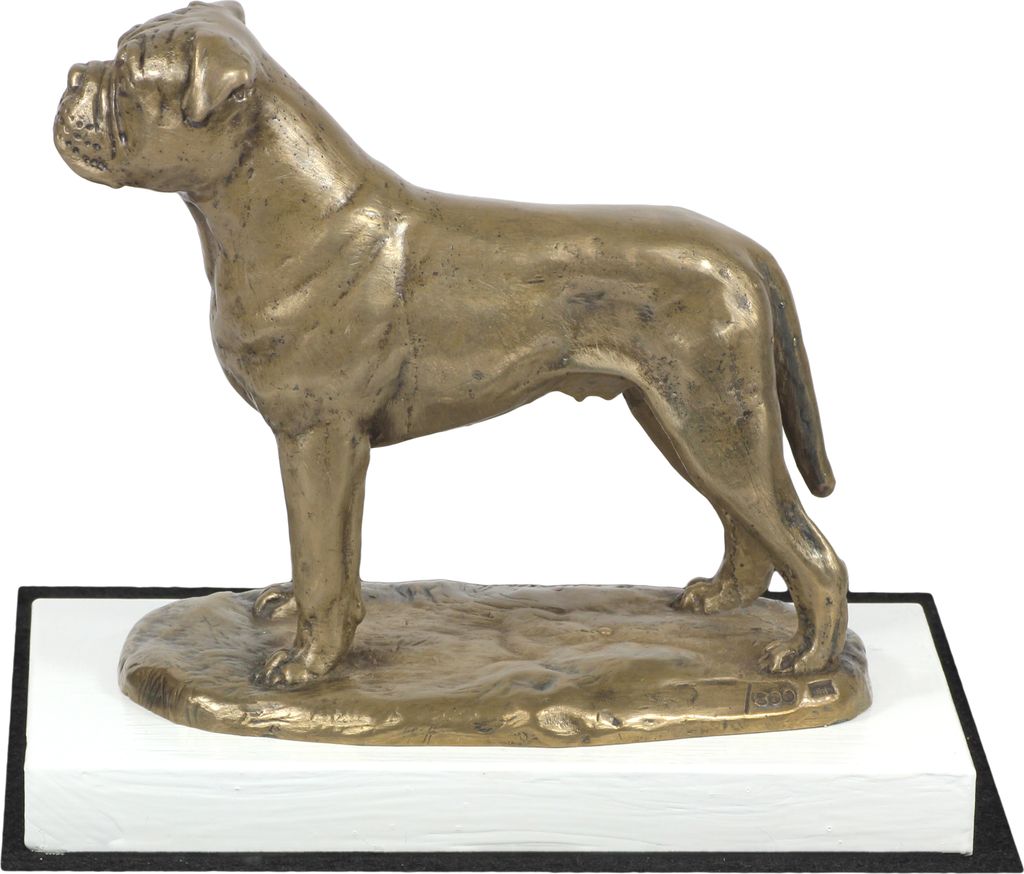 Bullmastiff - Hundestatue, Figur auf weißem Sockel, Trophäe für die Art-Dog-Hundeaustellung.