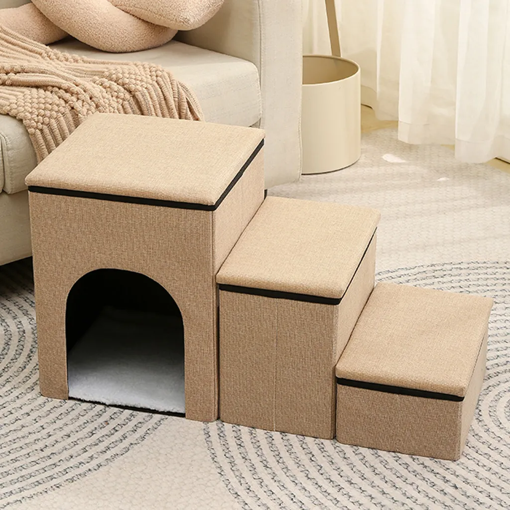 Scala per animali domestici, scala pieghevole per cani, comoda e resistente, scala di design 3 in 1 con spazio di archiviazione e casetta per animali domestici, scala per animali domestici a 3 gradini, rampa antiscivolo per cani, grigio - 8