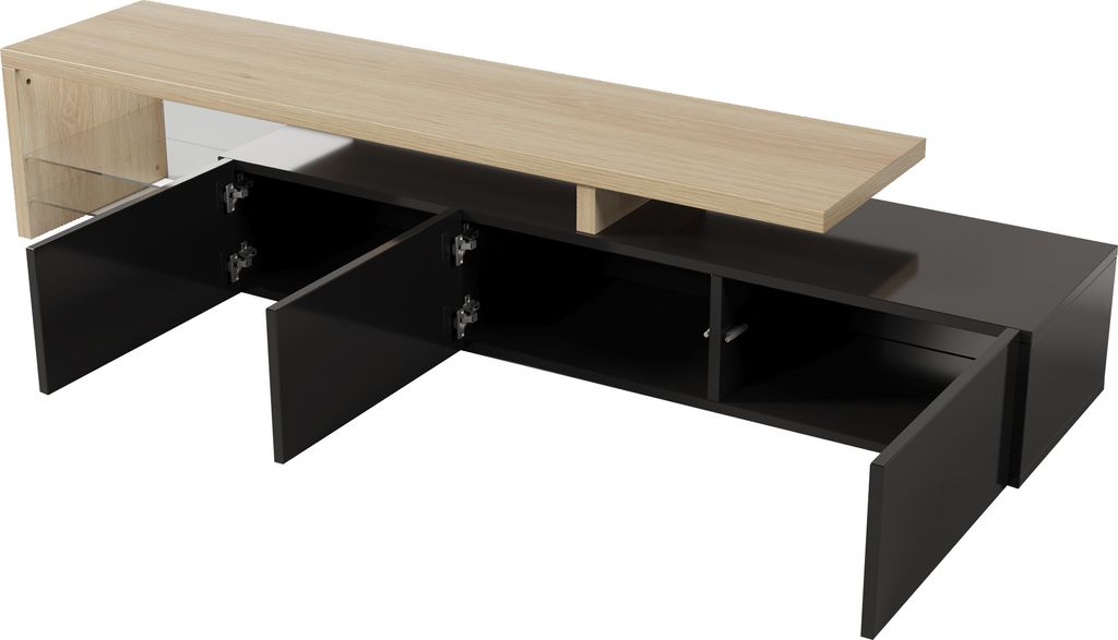 Fortuna Lai LED TV-Lowboard weiß hochglanz mit LED-Beleuchtung, 2 Glasablagen und 2 offenen Fächern, TV Schrank TV-Schränke Fernsehtisch Wohnzim...