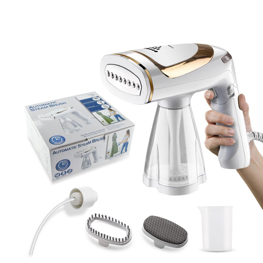 A handheld steam brush and its accessories are displayed on a white background, with the product's packaging also visible.