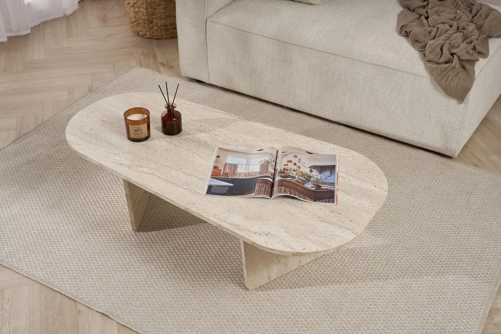 Table Basse Ovale Design Marbre Blanc 130x65 cm, Modèle Dozza Chic