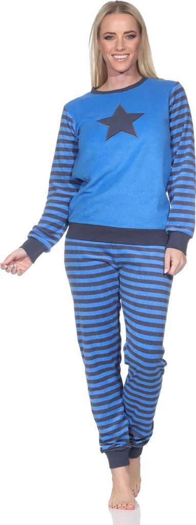 Normann Damen langarm Frottee Schlafanzug mit Bündchen und Sternmotiv – auch in Übergröße ; blau , 48