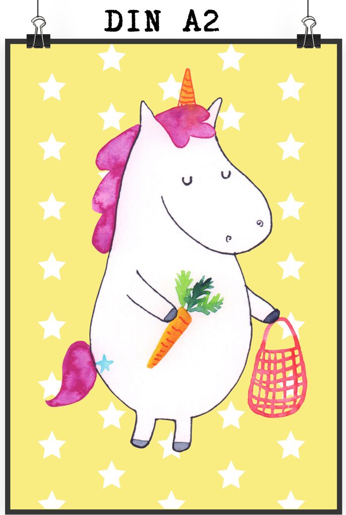 Mr. & Mrs. Panda Bild Einhorn Vegan DIN A2 - Gelb Pastell - Geschenk, Rohkost, Gesund Leben, Wandbild, Plakat, drucke, essen, Veganer, Unicorn, Veg...