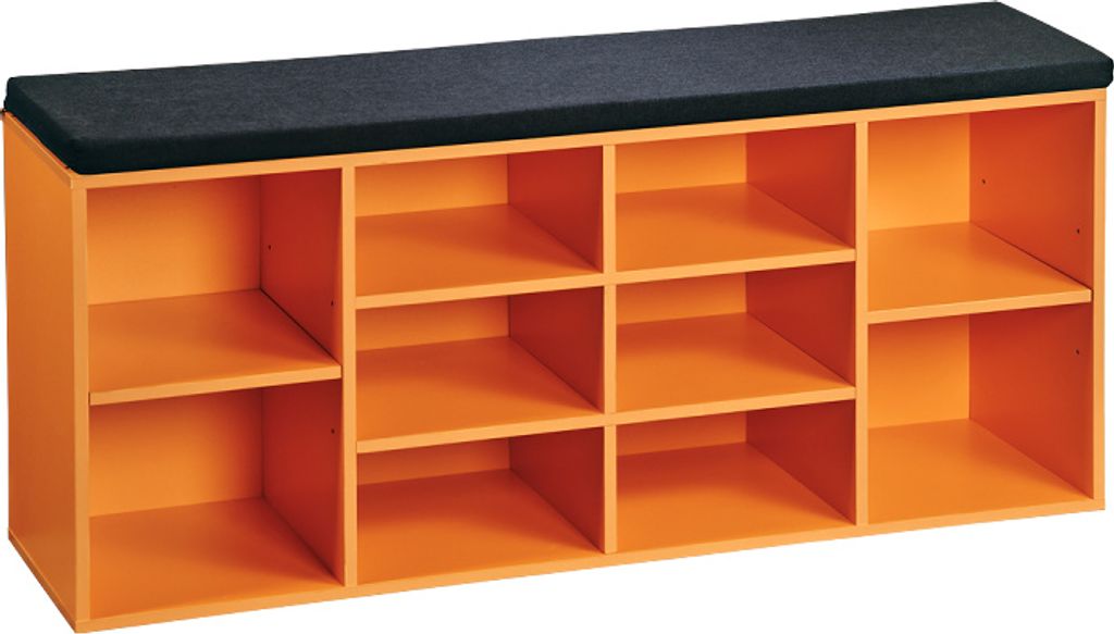 An orange shoe cabinet with a black cushion on top, shown against a white background.