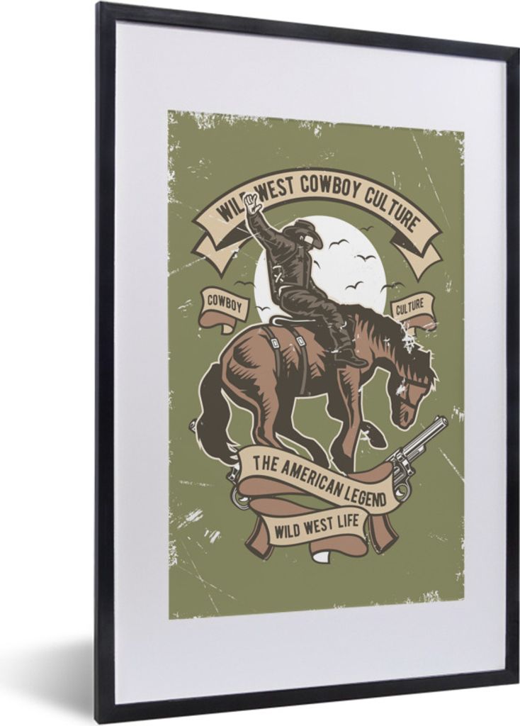 MuchoWow Gerahmtes Poster Pferd - Cowboy - Vintage - Zeichnung 40x60 cm - Poster mit Schwarzem Bilderrahmen Wandposter Rahmen Foto Bilder - Poste...