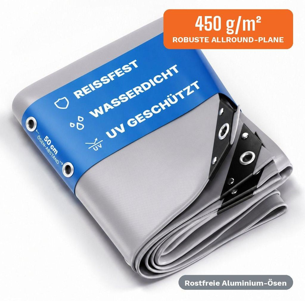 NEMAXX Abdeckplane 450 g/m² 6x10 m (60 m²) Grau – 100 % wasserdicht, UV-beständig, reißfest, Aluminium-Ösen – für LKW, Holz, Pool & Garten