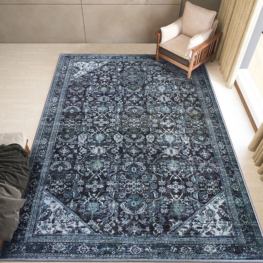 (GrauDunkelblau,122*183cm)Teppich Vintage Design Kurzflor Carpet Kaschmirimitat Kurzflorteppiche Antifouling Rutschfest Waschbar Weich für W...