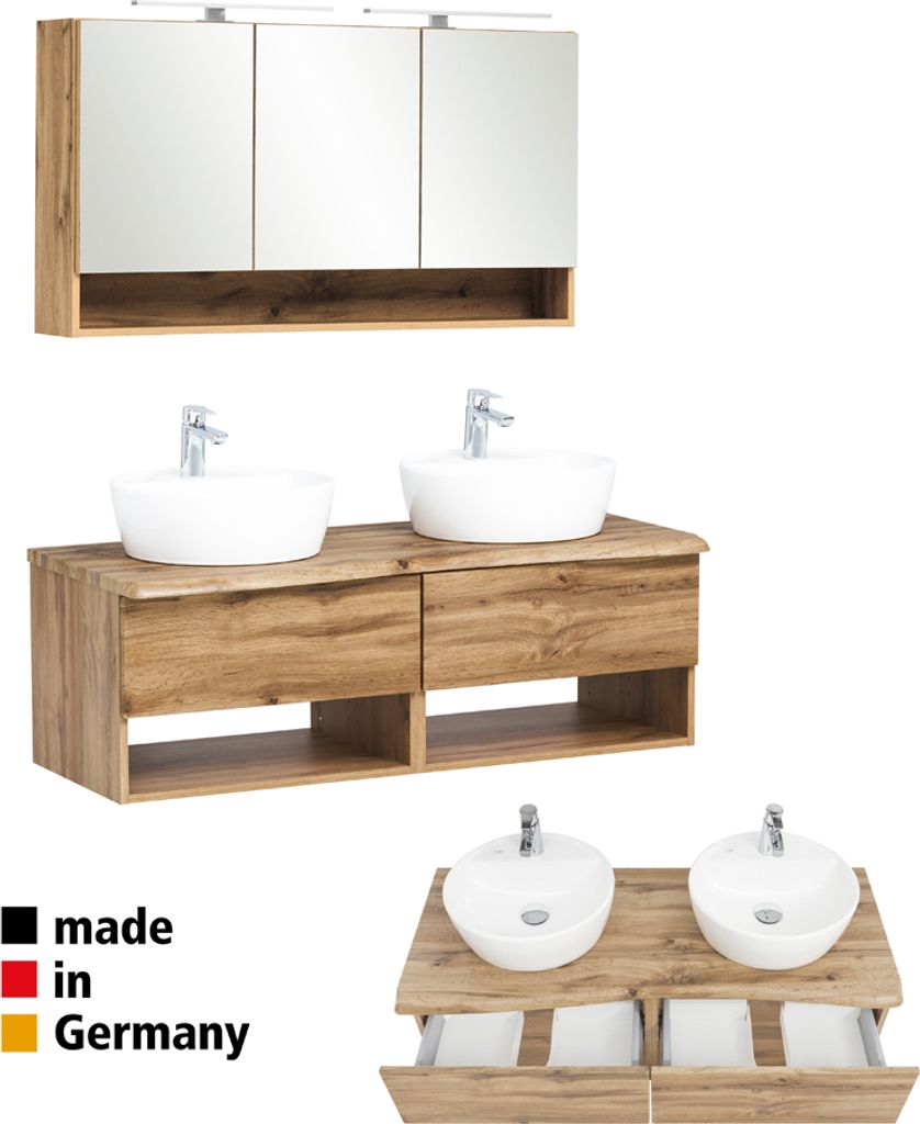 Badmöbel Waschplatz Set in Wotan Eiche Nb. KAHLA-03 Keramik Waschbecken und LED Spiegelschrank, B/H/T: ca. 121/200/52 cm