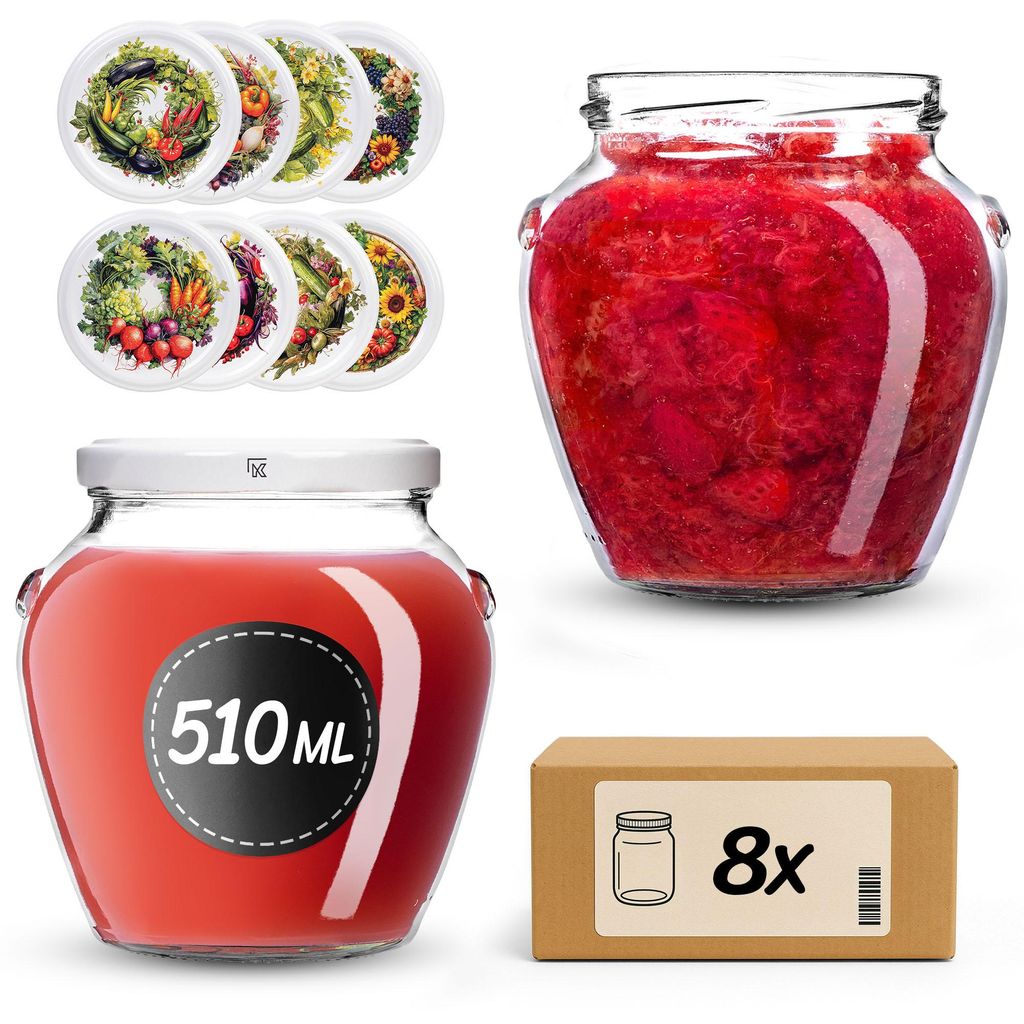 KADAX Einmachgläser 510 ml mit Schraubdeckel fi82mm, Schraubgläser mit Deckel, Honiggläser, Sturzgläser zum Einkochen (Gemüsegarten, 8 Stück)