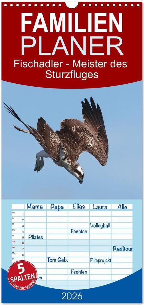 Familienplaner 2026 - Fischadler - Meister des Sturzfluges mit 5 Spalten (Wandkalender, 21 x 45 cm) CALVENDO
