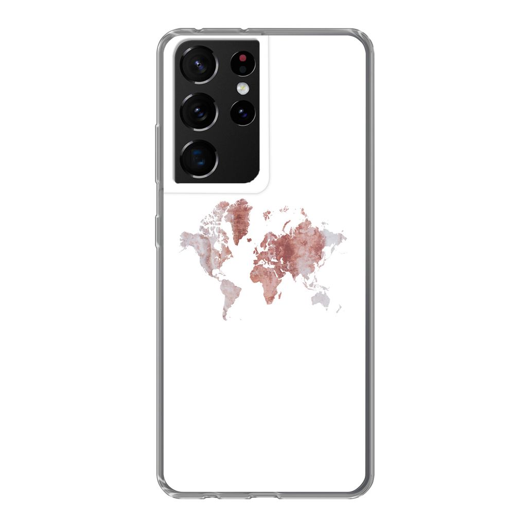 MuchoWow Handyhülle Schutzhülle Hülle für Samsung Galaxy S21 Ultra Weltkarte - Rosa - Farbe Silikon Softcase Handy Hülle - Mobiltelefon