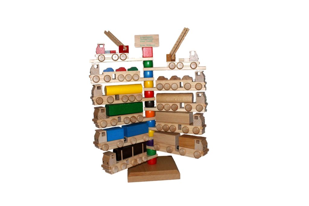 Holzspielzeug Display mit 11 LKW Breite 10-15cm NEU