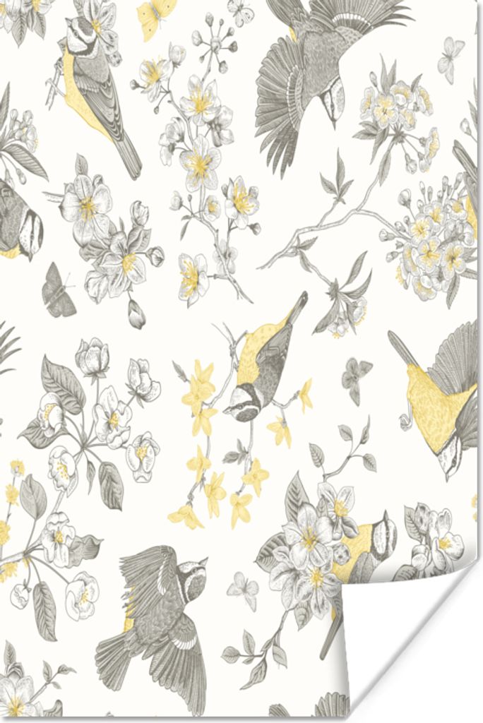 MuchoWow Poster Blumen - Vogel - Grau 80x120 cm - Papierdruck