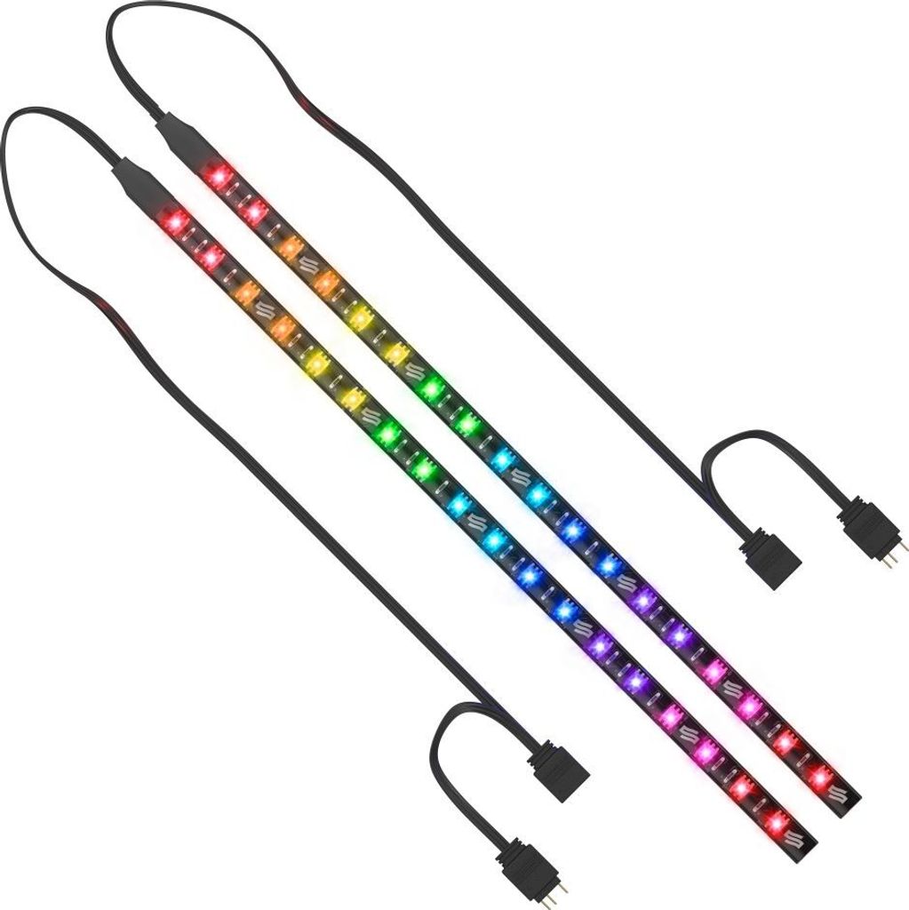 Two LED light strips with RGB lighting are shown against a white background.