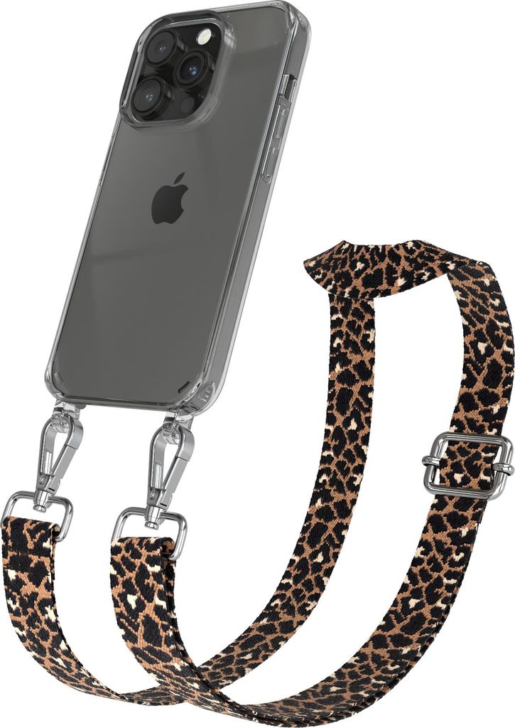 Apple iPhone 14 Pro Chain Eyelets Slim Neck Strap Set Leo Style 13 Black/Brown 02 Metall Silver