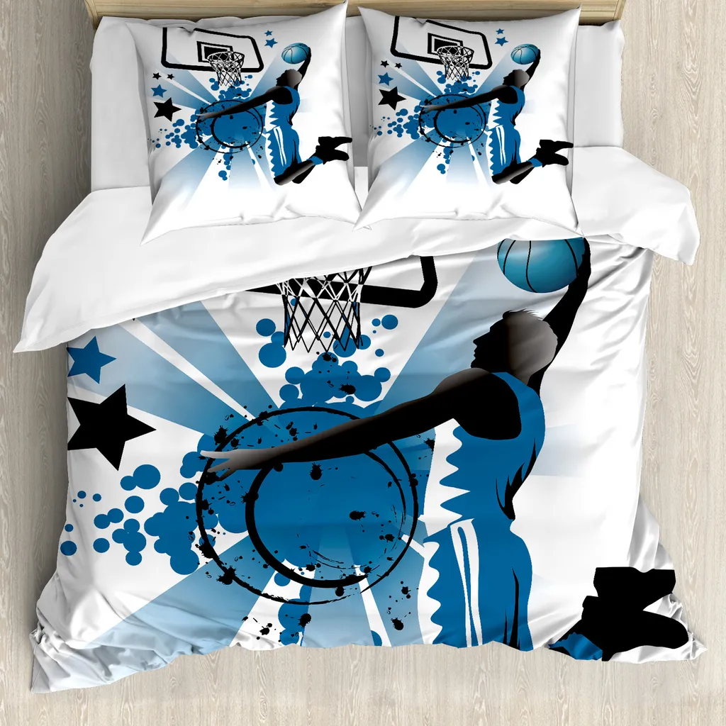 ABAKUHAUS Copripiumino per camera teenager, Jumping Player Star, antiacaro, adatto a chi soffre di allergie, con federe, 155 cm x 220 cm - 80 x 80 cm, nero e viola blu