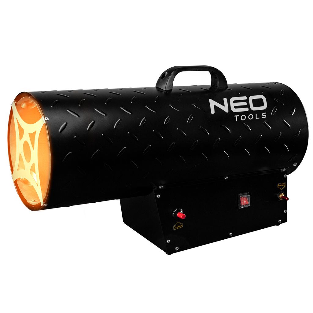 NEO TOOLS Gasheizgerät 50kW, Druck 1,5 bar, Brennstoffverbrauch 3,63 kg/h, Luftmenge 1000 m3/h, Druckregler, Schlauch 1,5m, Piezozündung