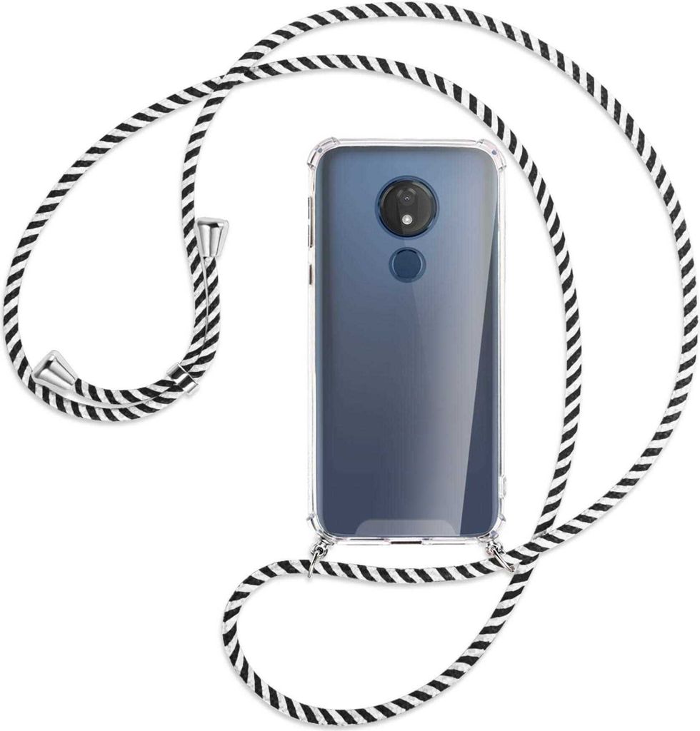 Handykette Backcover-Schutzhülle mit Band (Metall silberfarben) für Motorola Moto G7 Power - schwarz/weiß gestreift