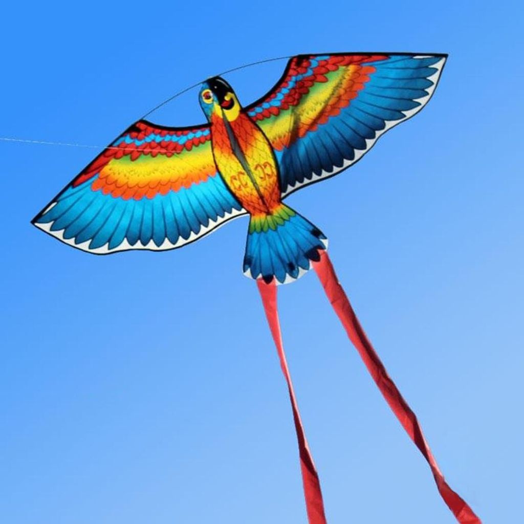 Blaue Papageien Drachen, 110x50cm Kinder Drachen mit 50m Schnur, Outdoor Spielzeug