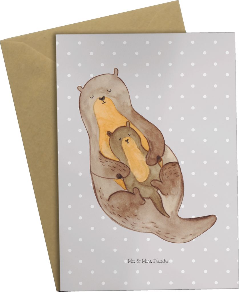 Mr. & Mrs. Panda Grußkarte Otter Kind - Grau Pastell - Geschenk, Familie, glückwunschkarten, Mama, Geburt, Mutter, babykarte, Baby, einladungskar...