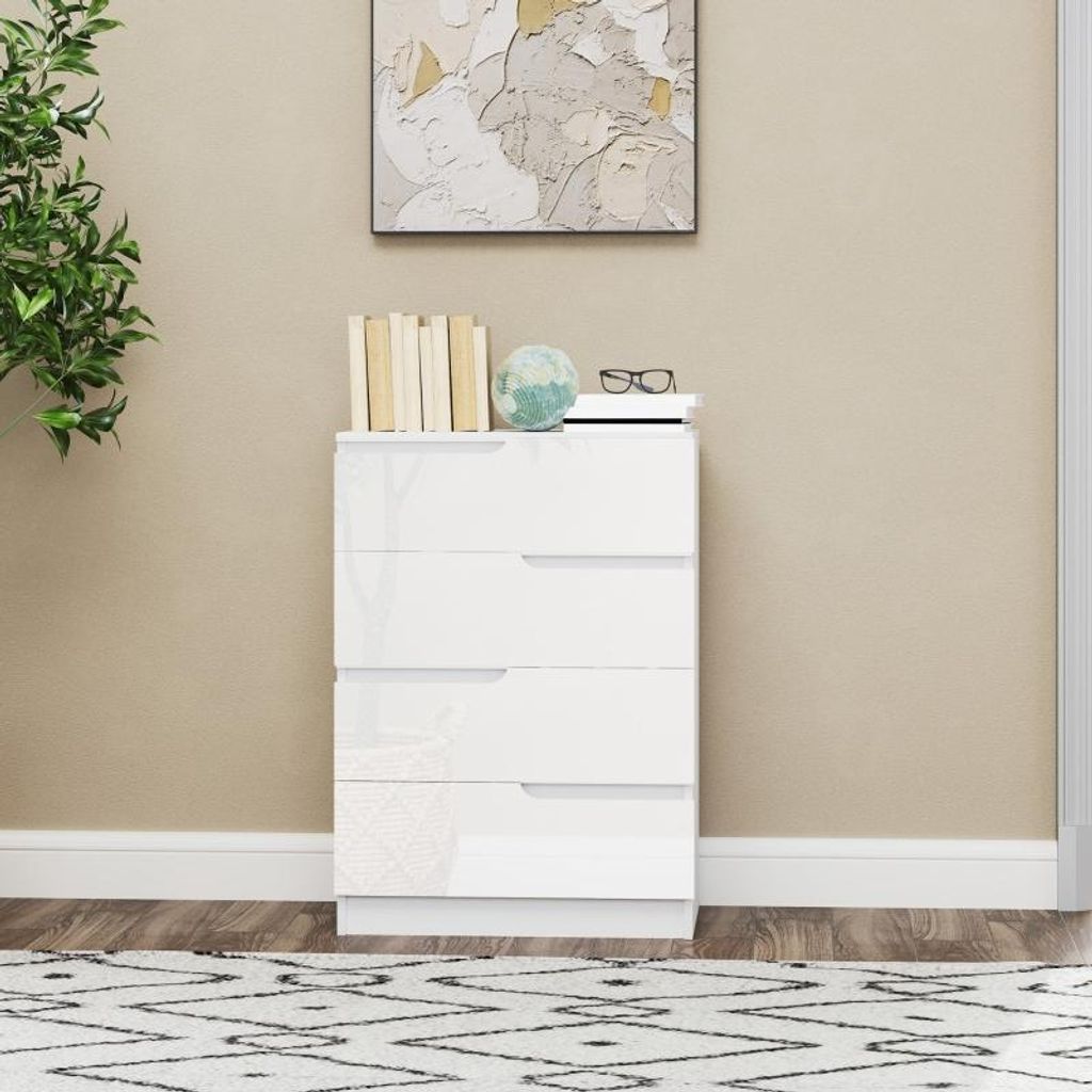 Kommode mit 4 Schubladen, 60x85x40 cm, Schubladenkommode Hochglanz-Weiß, Moderne Anrichte für Schlafzimmer & Wohnzimmer, inkl. Kippschutz