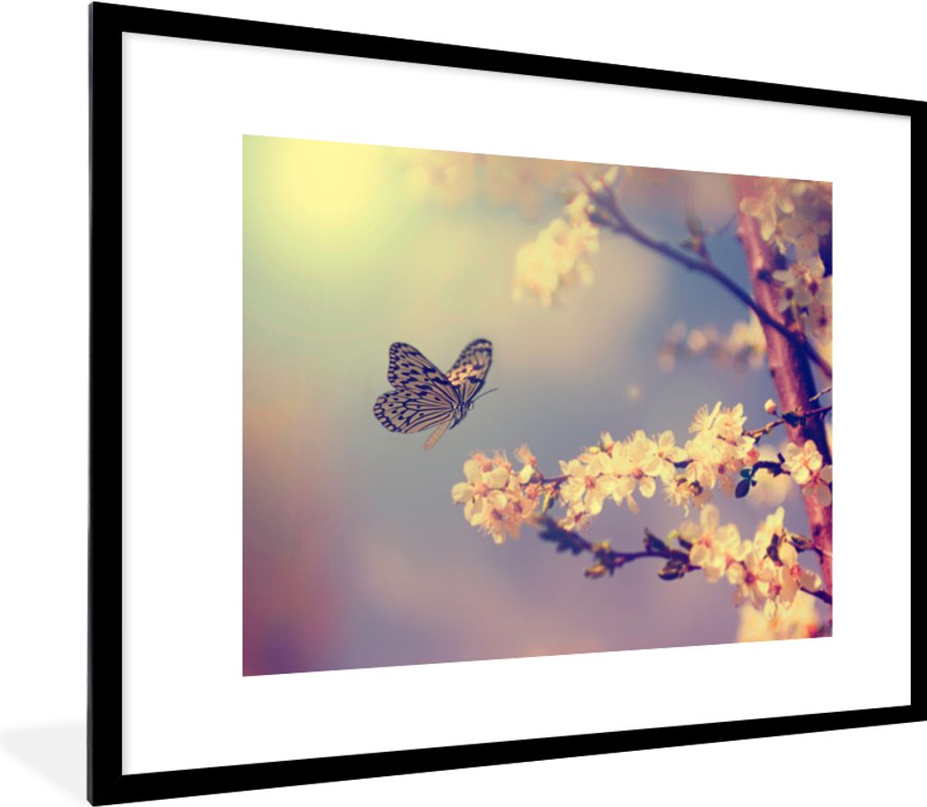 MuchoWow Gerahmtes Poster Schmetterlinge - Blüte - Zweig - Baum 80x60 cm - Poster mit Schwarzem Bilderrahmen Wandposter Rahmen Foto Bilder - Sch...