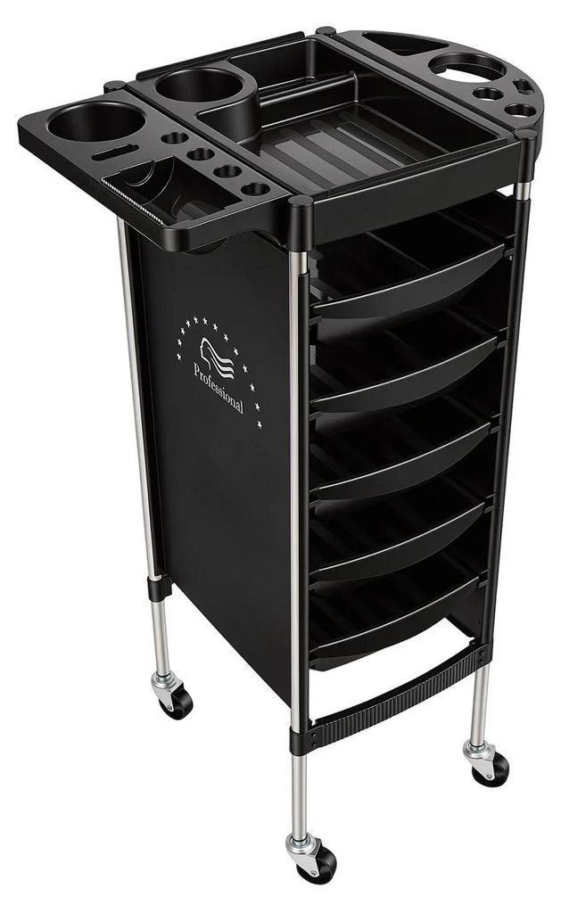 Friseurwagen Salonwagen - Rechteckiger Kunststoff Rollwagen - 6 Ebenen - 5 Schubladen - 4 Rollen - 15 kg Tragkraft je Ebene - Schwarz