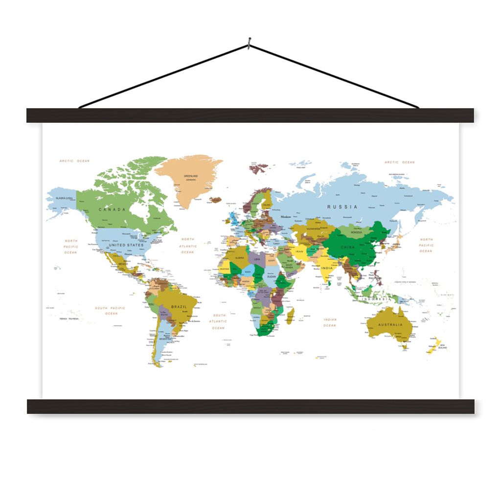 MuchoWow Textilposter Weltkarte - Erde - Farben 90x60 cm mit schwarzem Rahmen - Aufhängungssatz