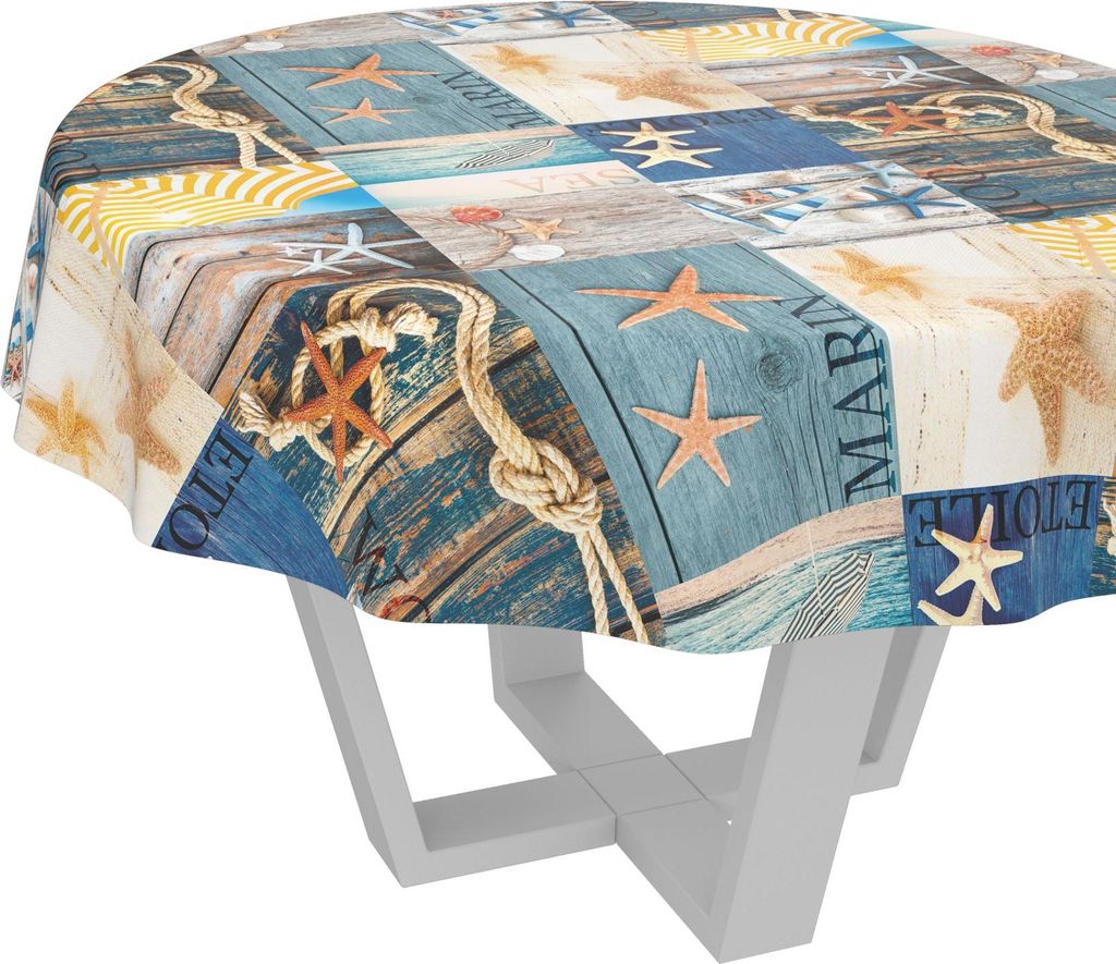 Tischdecke auf See Maritim Blau Rund 100cm Schnittkante Wachstuch abwaschbar