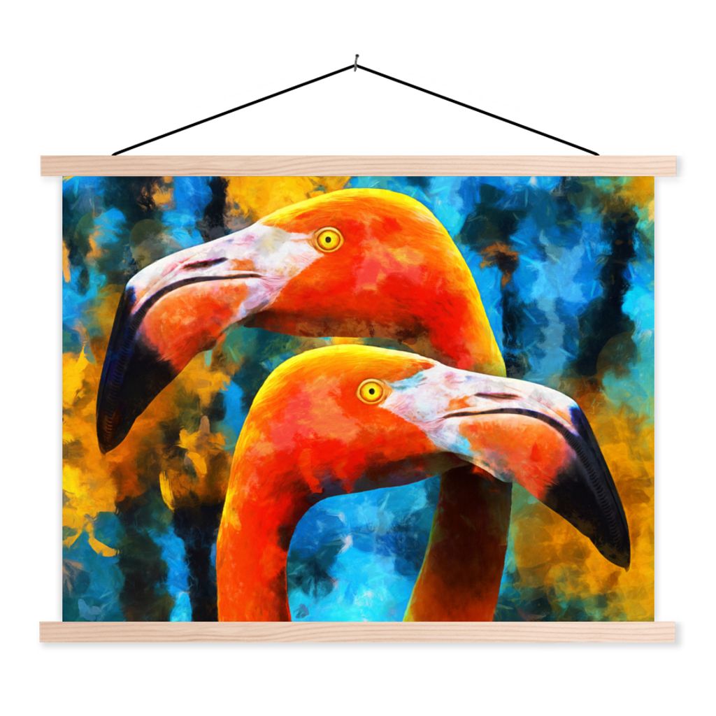 MuchoWow Textilposter Gemälde - Ölfarbe - Flamingo 120x90 cm mit holzfarbenen Rahmen - Magnetisch