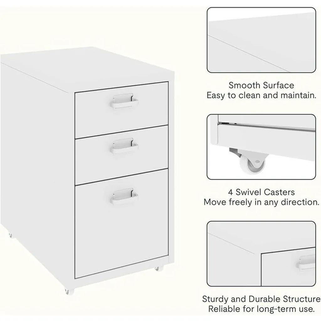 Caisson de rangement blanc sur roulettes avec 3 tiroirs de bureau