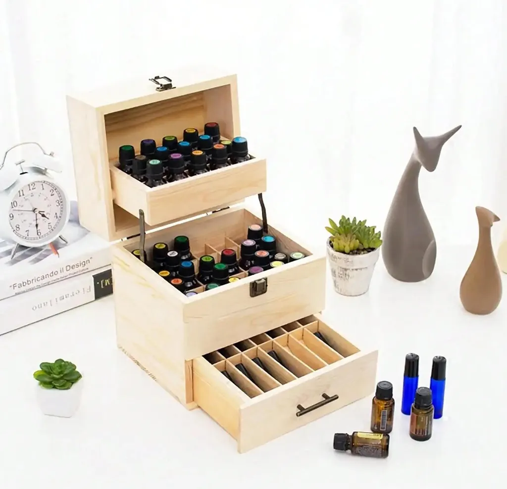 Boîte de rangement huiles essentielles 59 flacons bois 3 plateaux - 3