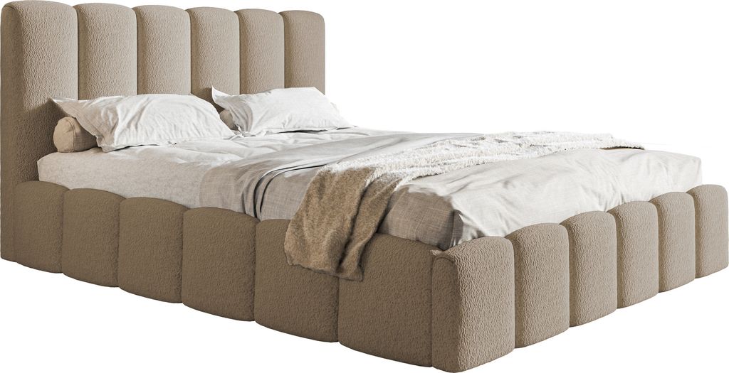 Doppelbett 140x200 Palermo - Polsterbett mit Bettkasten und Metall Lattenrost, Schaumstoff - Bouclé Braun