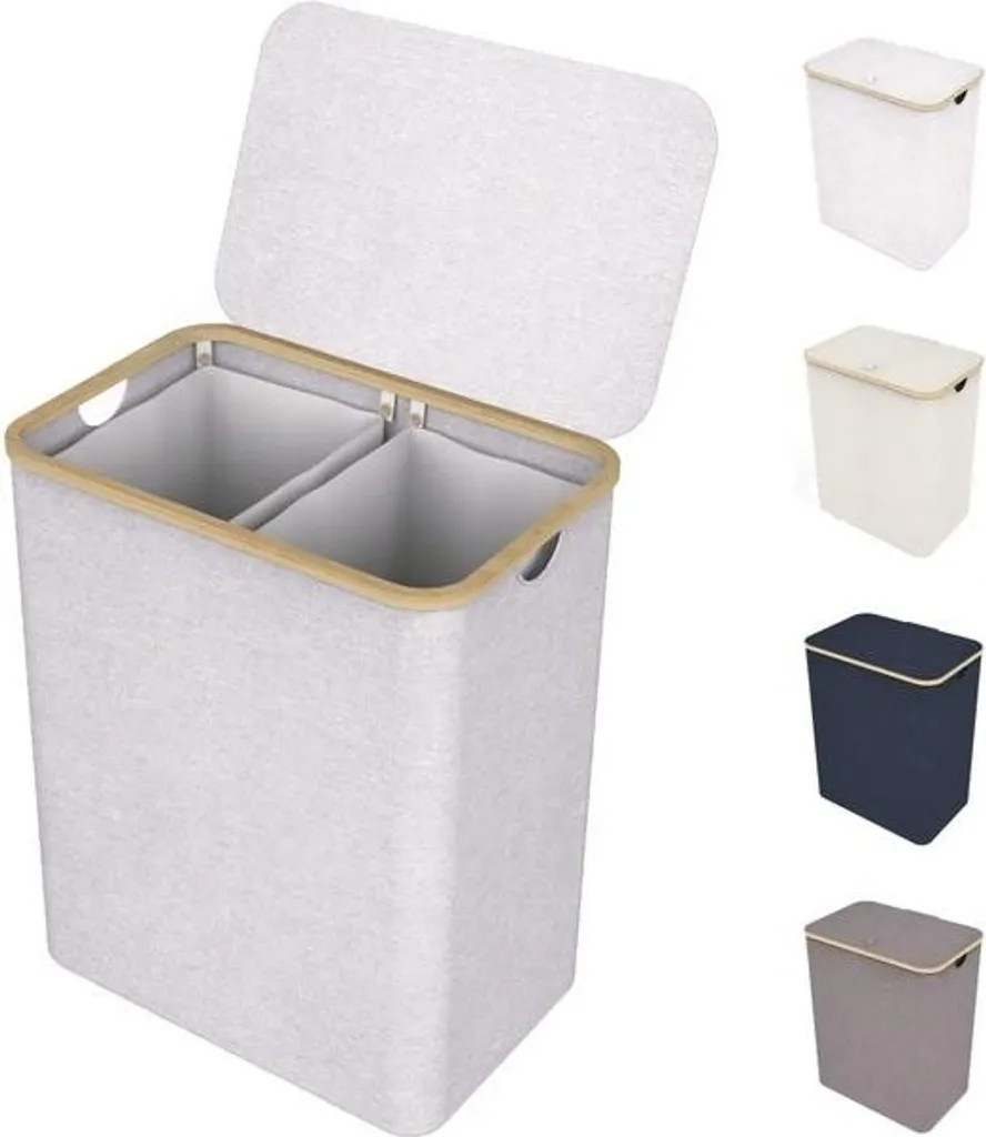 Bac à Linge Double en Bambou 150 Litres - Grand Panier à Linge Design Gris