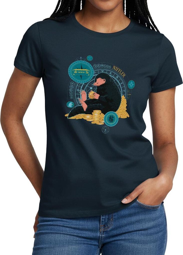 Spreadshirt Phantastische Tierwesen Niffler mit Münzen Frauen T-Shirt, L, Navy