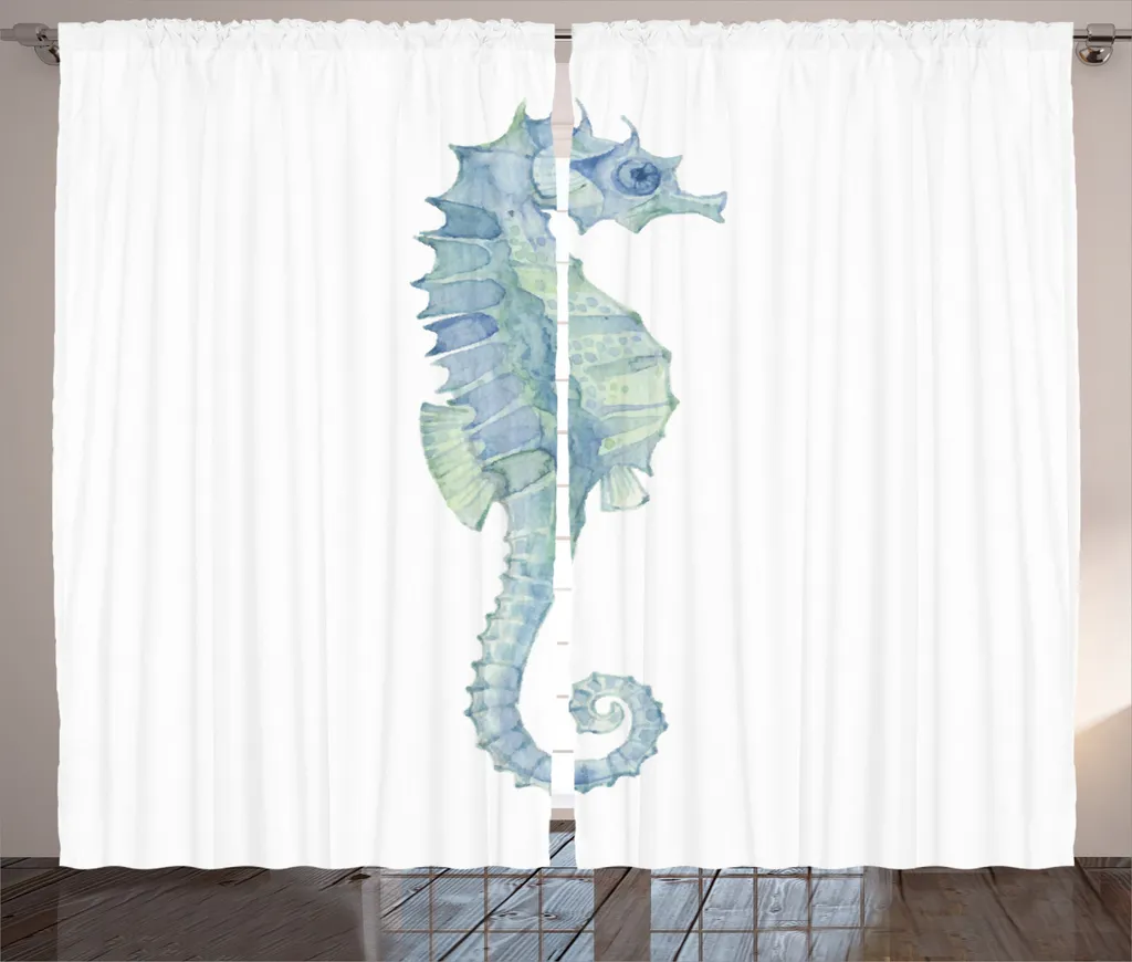Rideau rustique hippocampe peint au pinceau en bleu pâle et vert