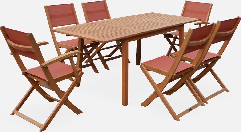 sweeek - Ausziehbarer Gartentisch aus Holz , 6 Stühle - Produktbild 